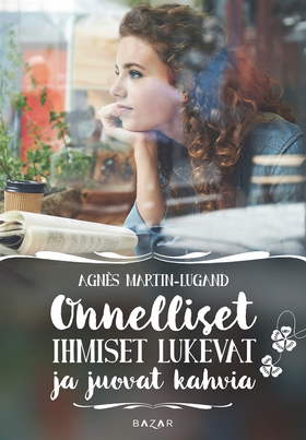 Onnelliset ihmiset lukevat ja juovat kahvia (e-